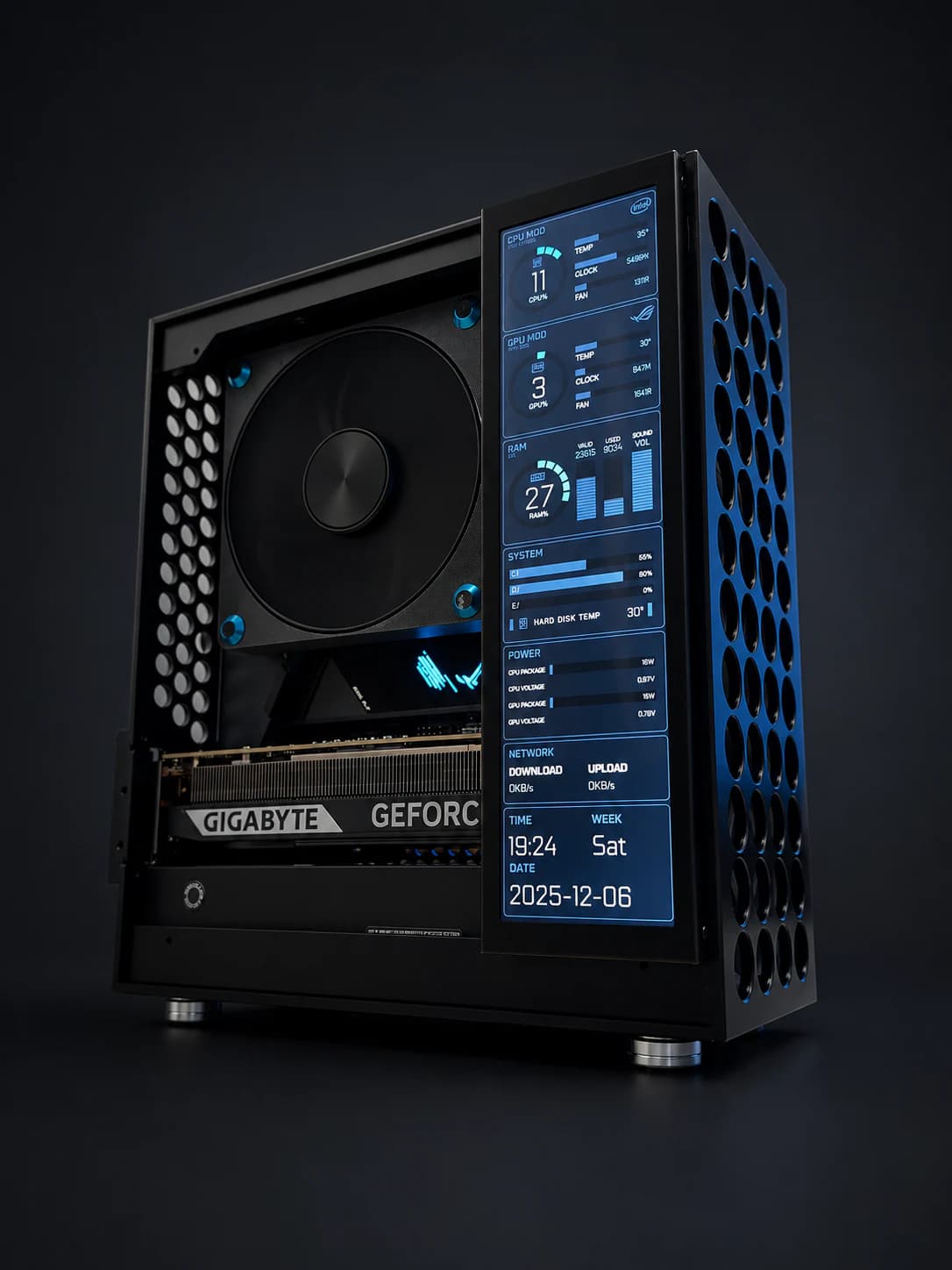PC sur mesure assemblé par NEXPC, avec écran de monitoring intégré